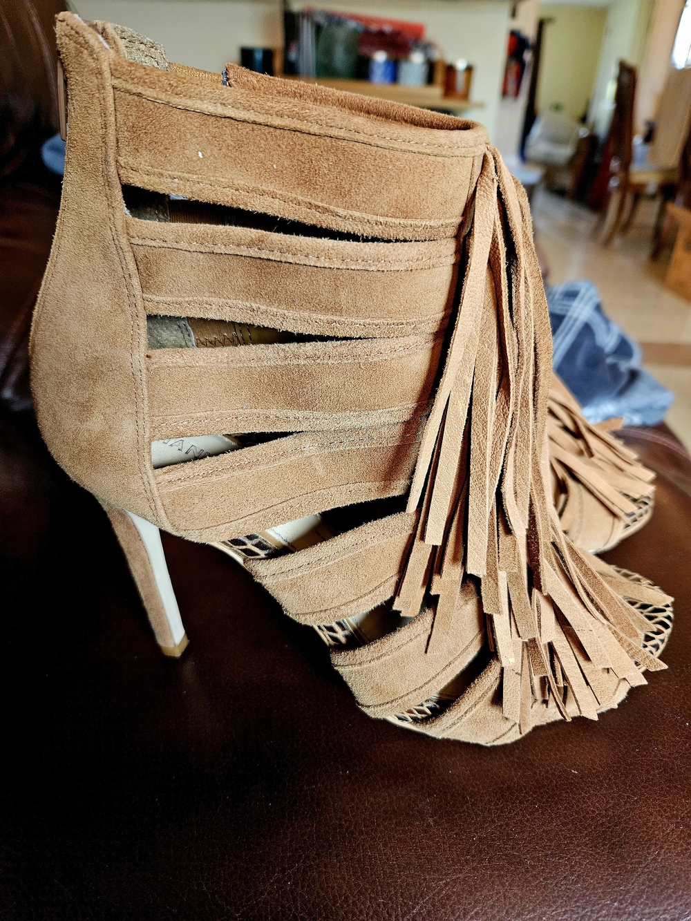 Gianni Bini Women's Fringe Suede High Heel Sandals in Tan Sz 7